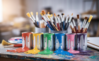 grosplan-boites-peinture-pinceaux-couleurs