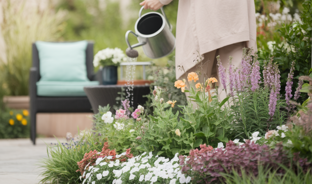 jardin-fleuri-personne-arrosant-chaise-table