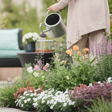 jardin-fleuri-personne-arrosant-chaise-table