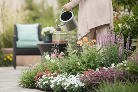 jardin-fleuri-personne-arrosant-chaise-table